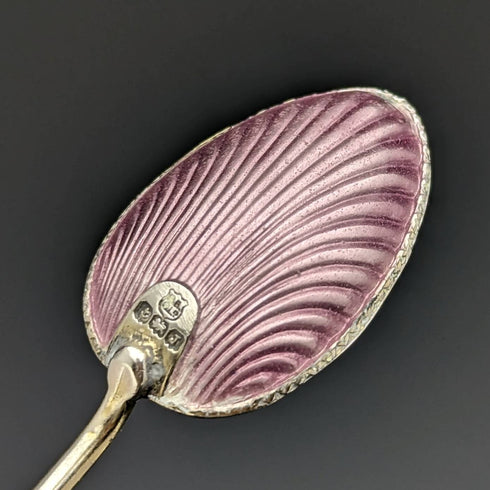 1933 British vintage pair of sterling silver demitasse spoons with enamel decoration